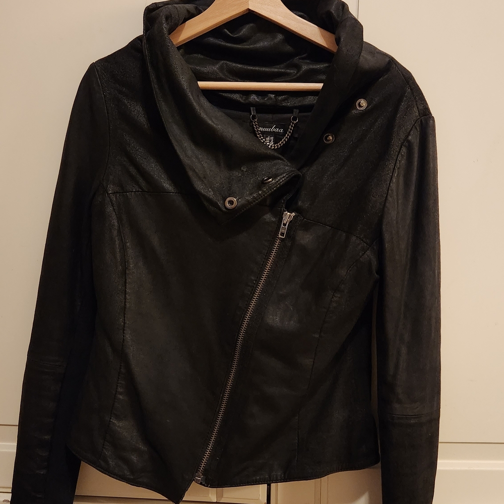 Muubaa Black Asymmetrical Leather Jacket with Funnel Collar